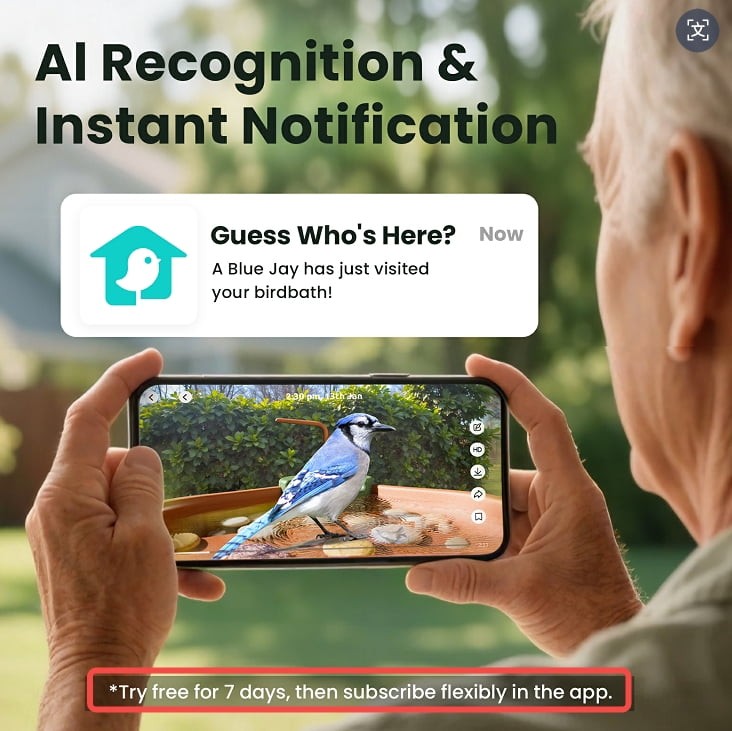Smart Bird Bath with Camera Solar Powered, AI Identify, Live View, Instant Notif1