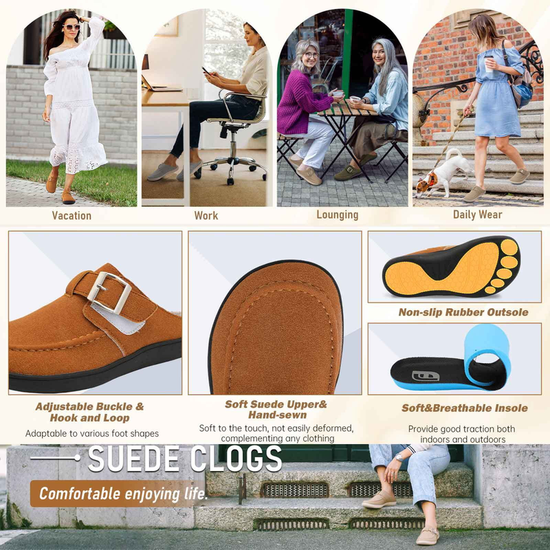 Comfort Women's Wide Suede Clogs Slip On Mules with Buckle1