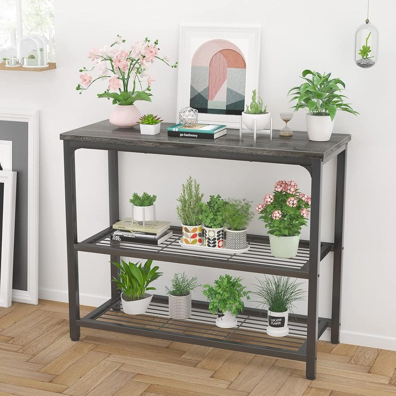 32" Modern Console Table Sofa Table Double Mesh Shelves Grey6