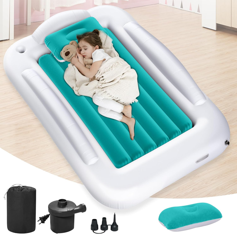 Inflatable Toddler Travel Bed with Safety Sides, 60" Kids Air Mattress & Pump0