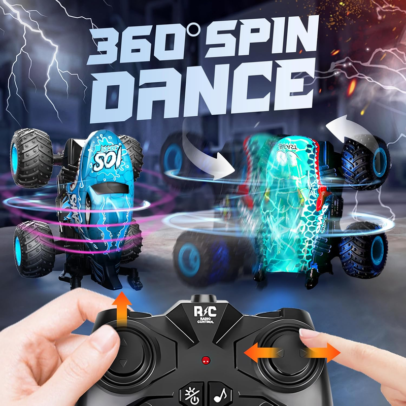 RC Monster Truck Toy Dinosaur Car 1:20 Scale Light Music 360° Spin 2 Shells3