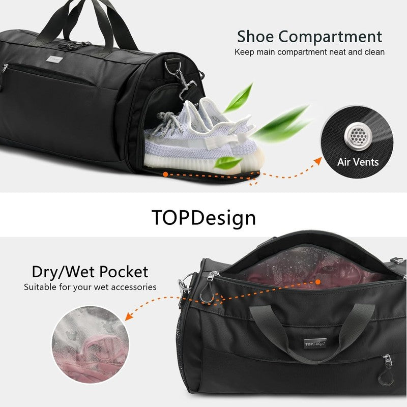 Gym Bag Unisex Duffel Shoe Compartment Wet Pocket Travel Sports Black M5