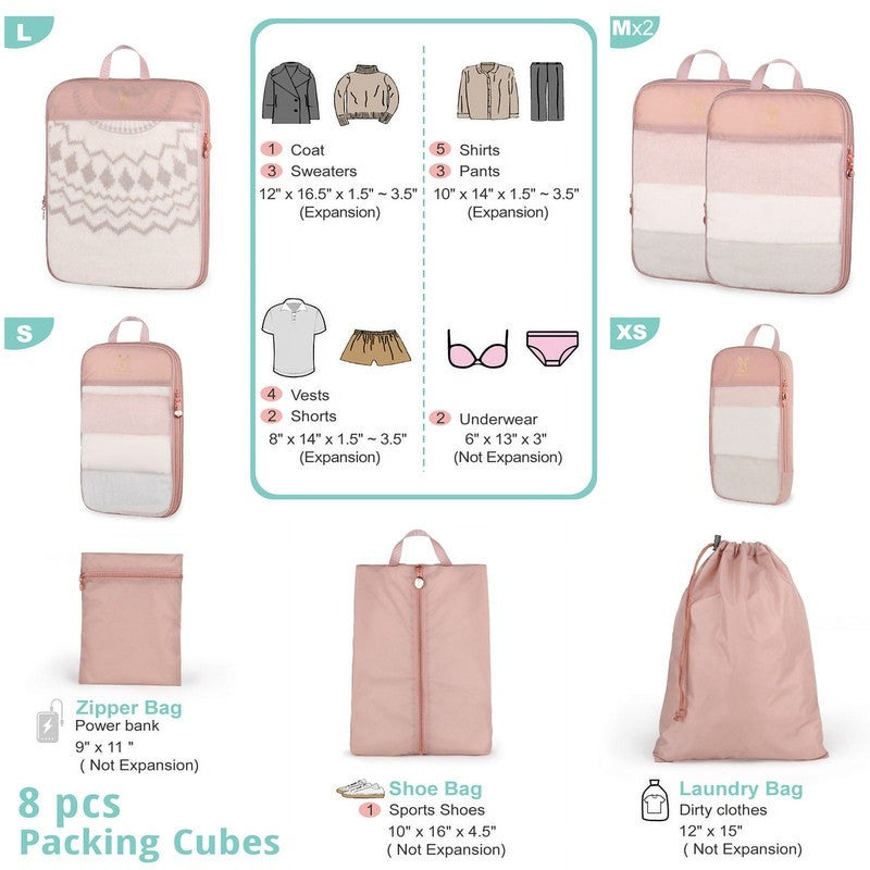 8 Set Expandable Compression Packing Cubes for Travel, See through Mesh Travel P4