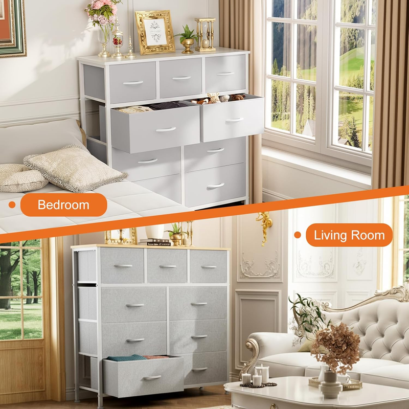 9 Drawer Fabric Dresser Storage Tower Steel Frame Wood Top Light Gray6