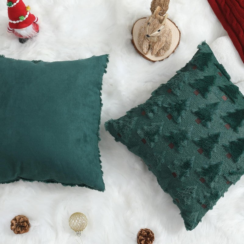 Christmas Pillow Covers 18"x18" Set of 2 Green Plush Faux Fur Tree Holiday Decor3