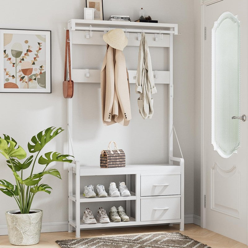 Hall Tree Entryway Bench with Coat Rack & Storage 5-in-1 White 31.5"7