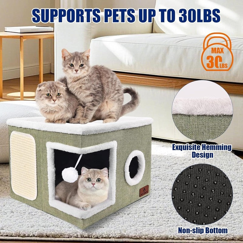 Cat Cave Bed for Indoor Cats – Foldable Cat House with Scratch Pad Green2