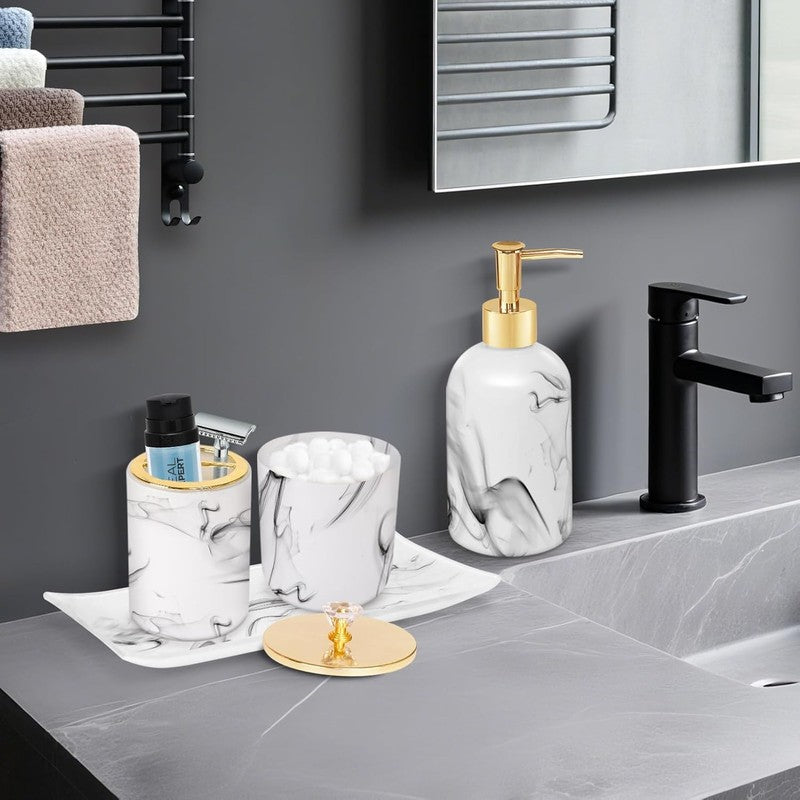 Marble Look Bathroom Accessories Set - 4 Pcs Soap Dispenser & Toothbrush Holder4