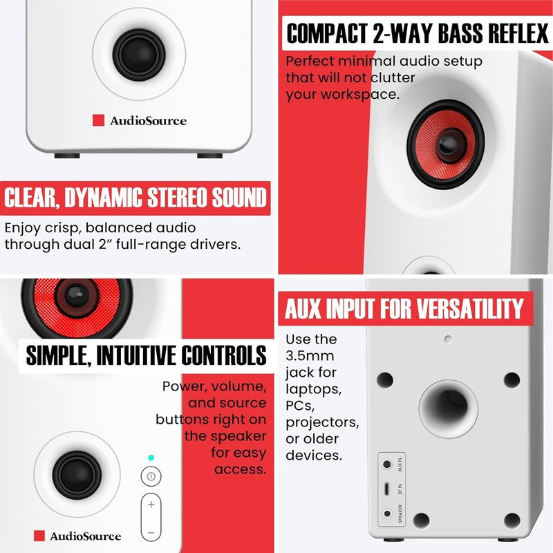 Bluetooth 5.3 PC Speakers USB C 2.0 Stereo AUX Dual Drivers Compact White5