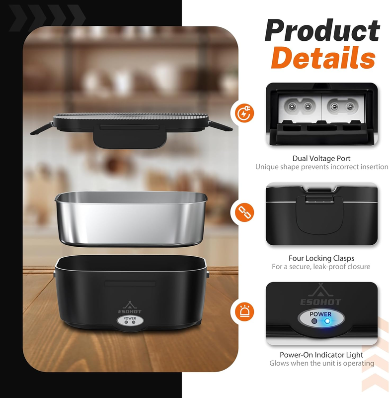 120W Heated Lunch Box 1.5L 304 Stainless Steel 12V/24V/110V Portable7
