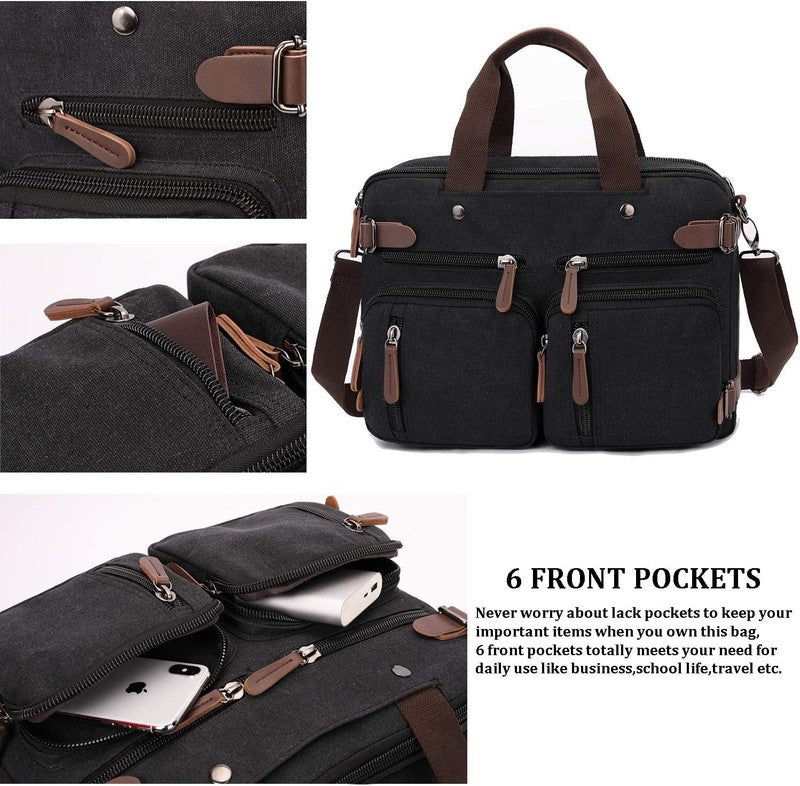 3 in 1 Canvas Laptop Bag 17.3 Inch Convertible Shoulder Travel Business Black4