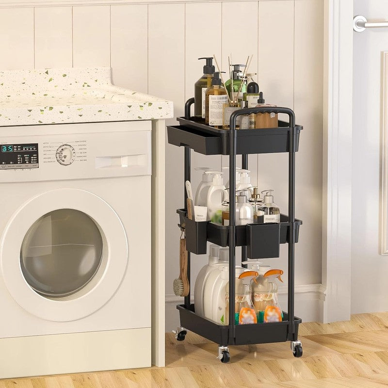 3-Tier Rolling Utility Cart with Drawer & Hooks, Black Storage Organizer5