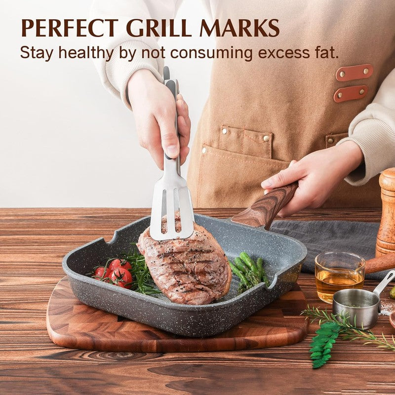 Nonstick Grill Pan for Stove Tops, Versatile Griddle with Pour Spouts, Square Bi2