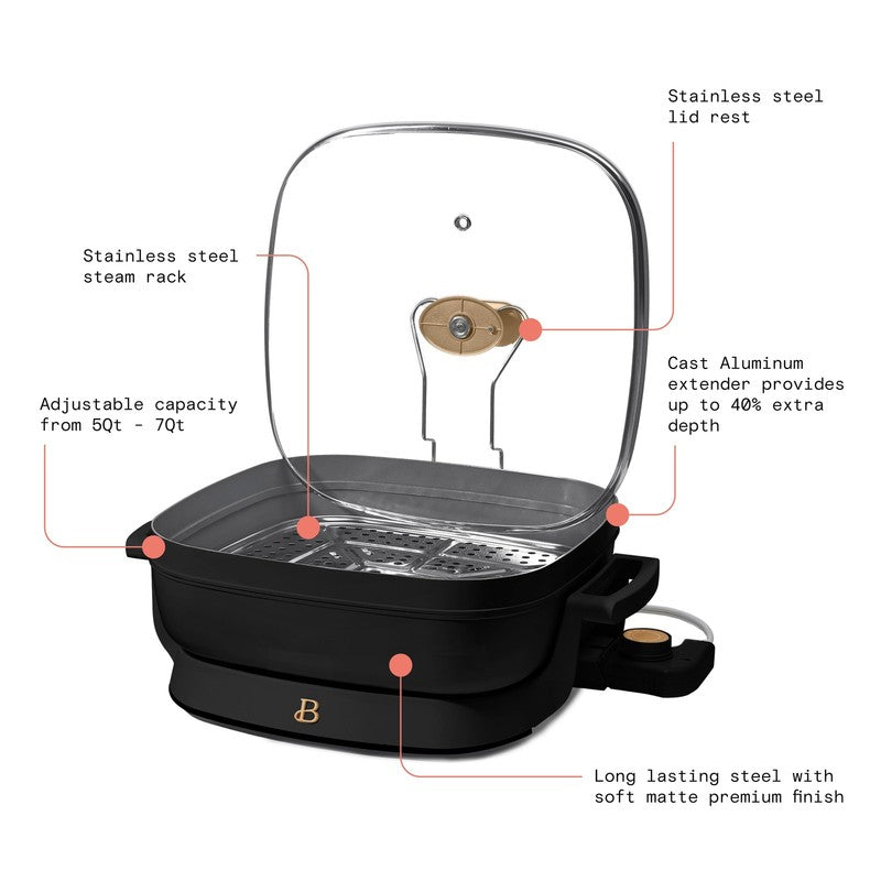 5 in 1 Electric Skillet Expandable to 7 Qt w/ Glass Lid Black Sesame2