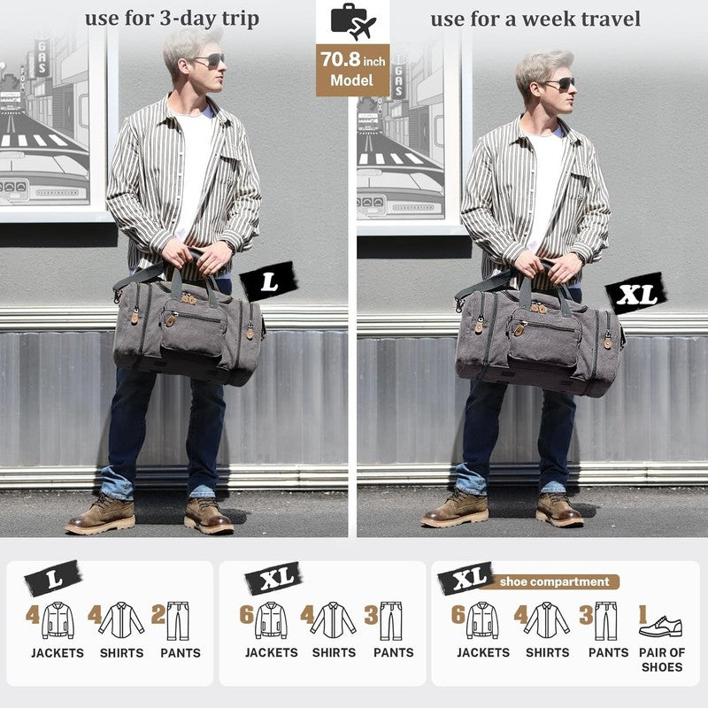 50L Canvas Duffle Bag Travel Expandable Weekend Overnight Duffel Men Gray5