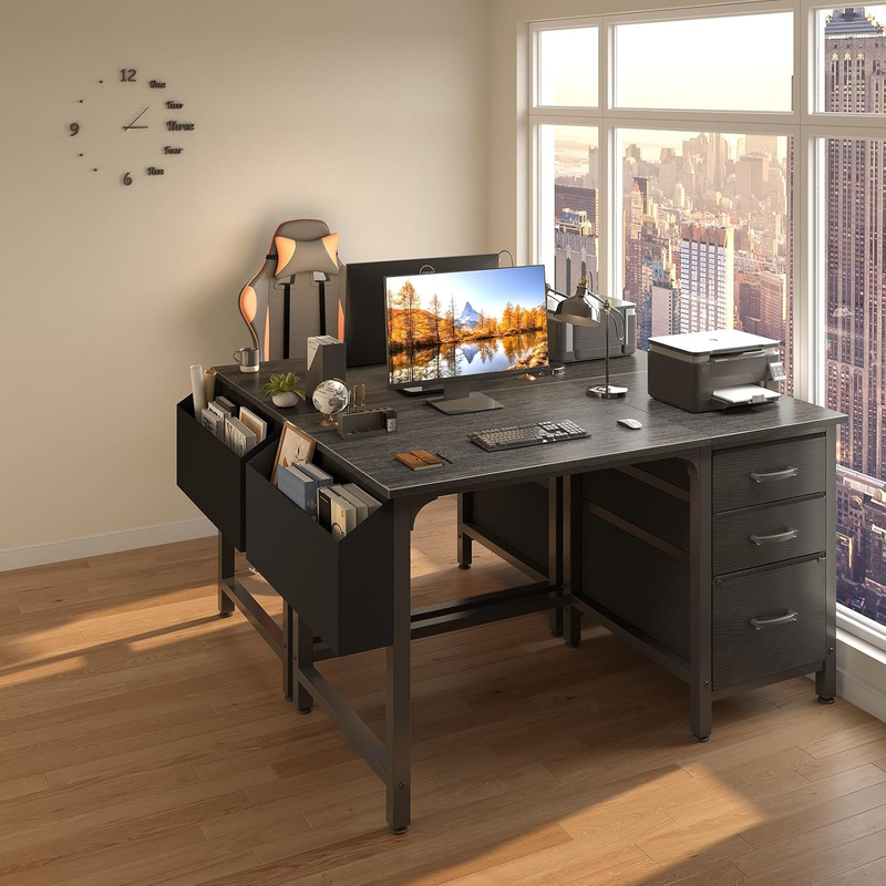Computer Desk with File Drawers Cabinet, 47 Inch Reversible Home Office Desks wi3