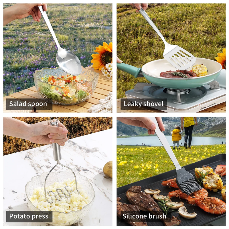 Camping Cooking Utensils Set Stainless Steel Silverware Plates Cups Outdoor7