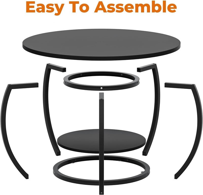 Round 2 Tier Coffee Table with Storage 27.6" Adjustable Feet, Black2