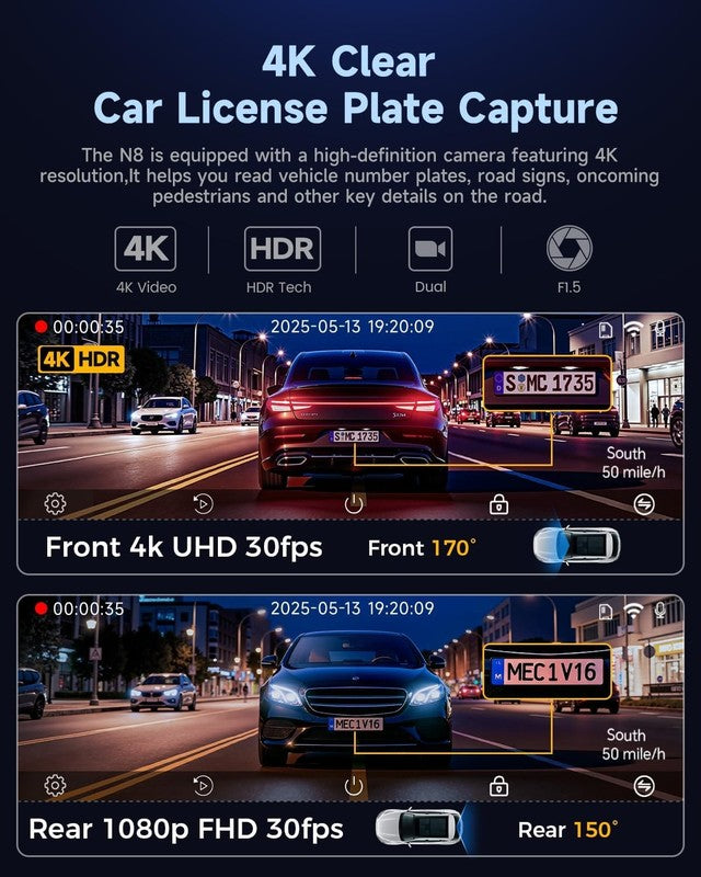 4K+1080P Front/Rear Dash Cam 64GB Card WiFi GPS Night Vision 3" IPS Screen2
