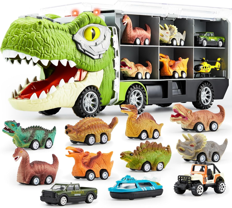 13 in 1 Dinosaur Toys for Kids 3-5, Dinosaur Truck with 12 Pull Back Cars, Birth0