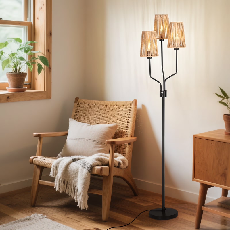 Rattan Floor Lamp 3 Tier Dimmable Rustic Boho Lighting for Living Room Bedroom0