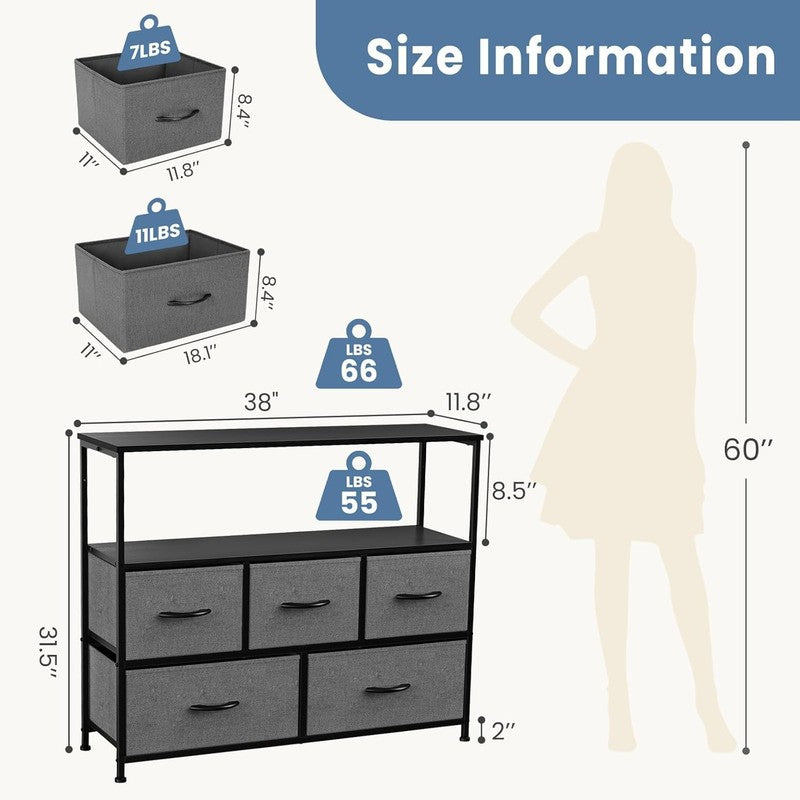 45” TV Stand Dresser 5 Fabric Drawers Media Console Open Shelf Grey2