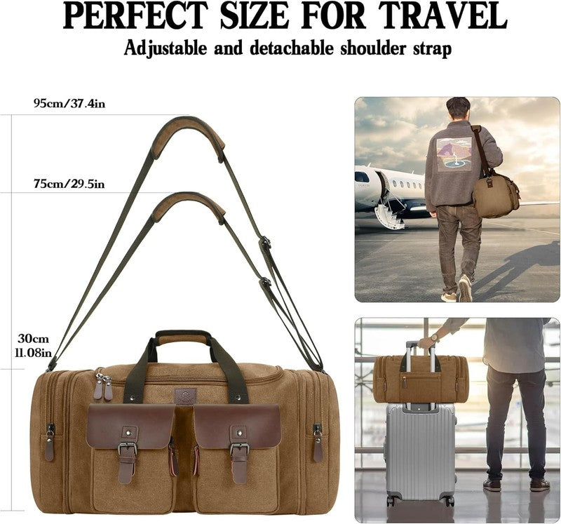 50L Canvas Travel Duffle Bag Expandable Leather Overnight Carry On Coffee6