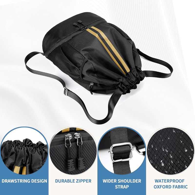 Drawstring Backpack Gym Bag w/ Shoe Compartment Water Resistant Cinch Black Gold5