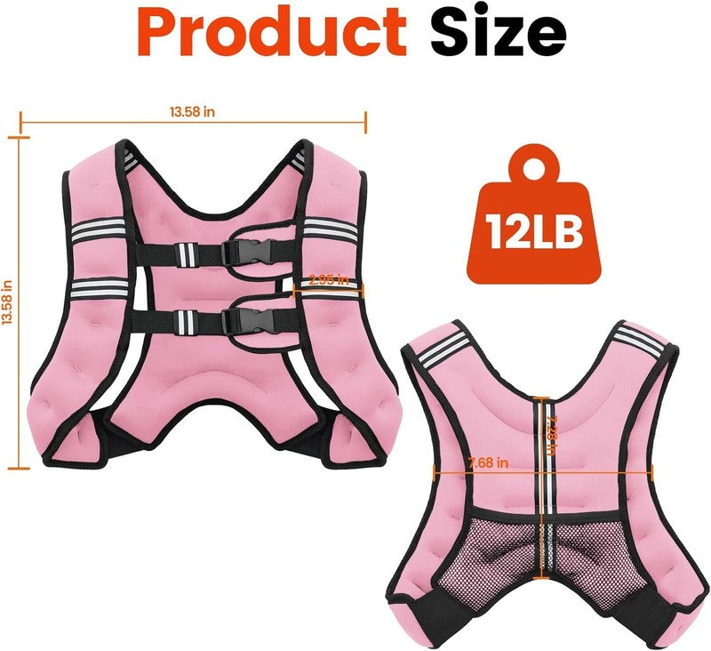 Weighted Vest 12Lb Adjustable Reflective Stripe Strength Training Workout LPink4