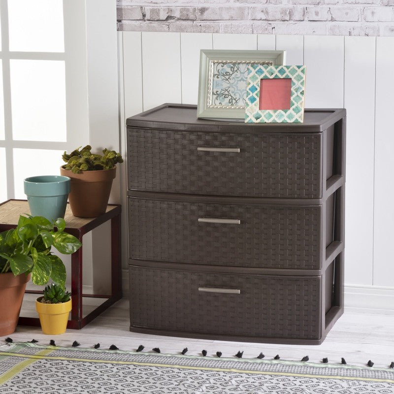 3 Drawer Wide Weave Tower, Plastic Décor Drawers with Pull Handles, Brown2