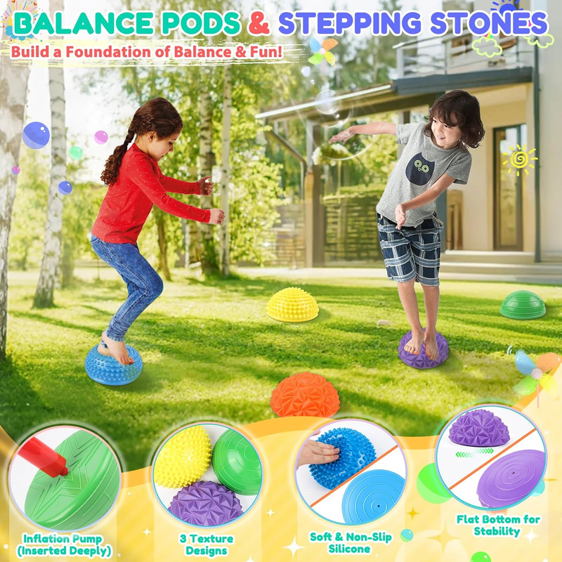 Stepping Stones for Kids, Textured Balance Pods and Floor Mats Set, Inflatable B2