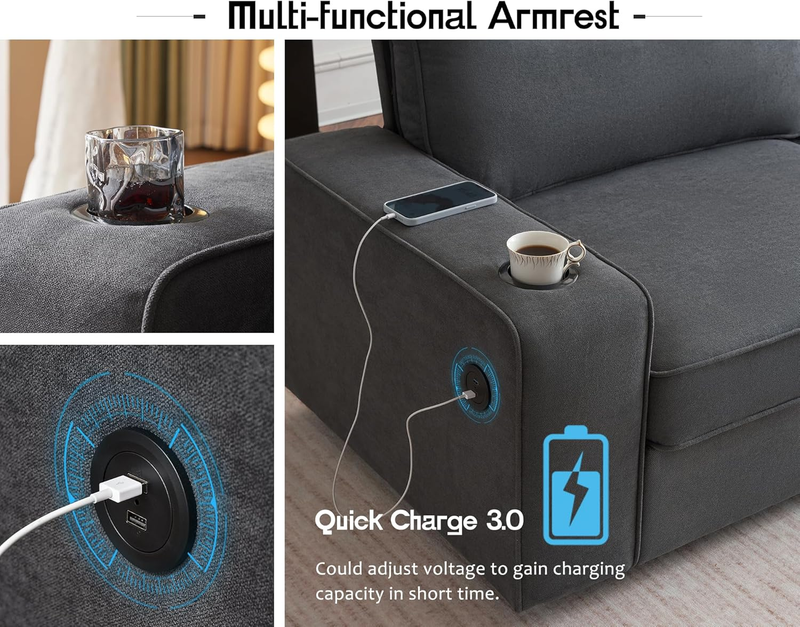 Chenille Sofa Chair Cup Holders USB Ports Upholstered Living Room Charcoal Grey2