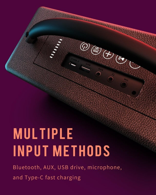 Portable Bluetooth Speaker 80W, 20H Playtime, Bass, AUX, USB, TWS, Vintage Black6