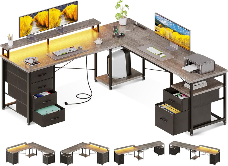 66" L Shaped Desk 113" Computer Desk LED Power Grey Home Office10