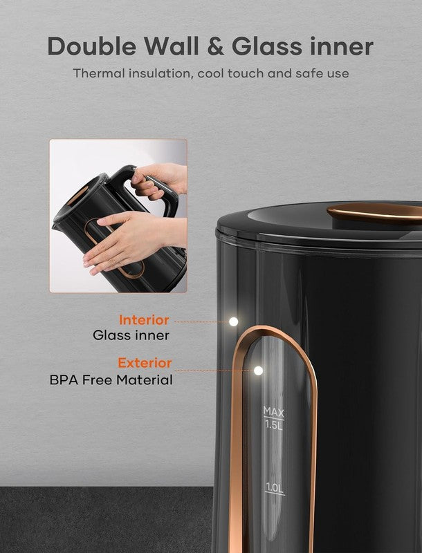 Electric Kettle 1.5L 1200W Double Wall Glass Fast Boil Hot Water Boiler Black3