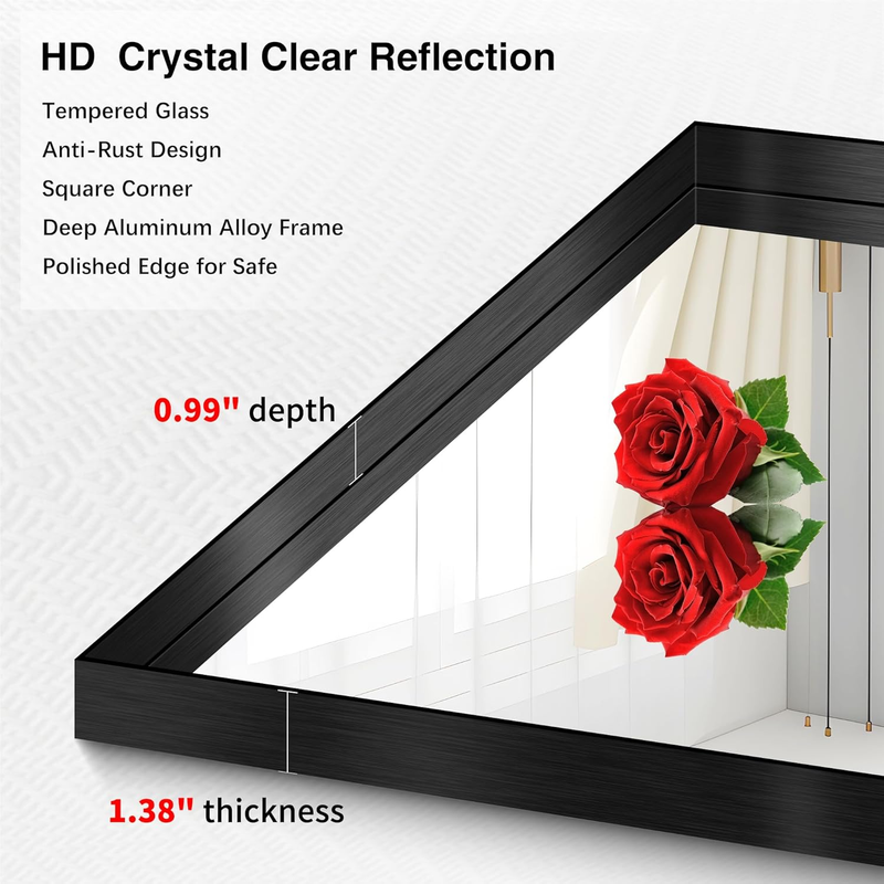 Black Bathroom Mirror, 30X30 Inch Rectangular Framed Mirror, Large Wall Mounted 3