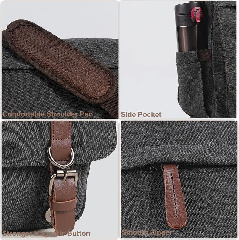 Canvas Messenger Bag 15.6" Laptop Satchel Shoulder Bag Business Unisex Black3