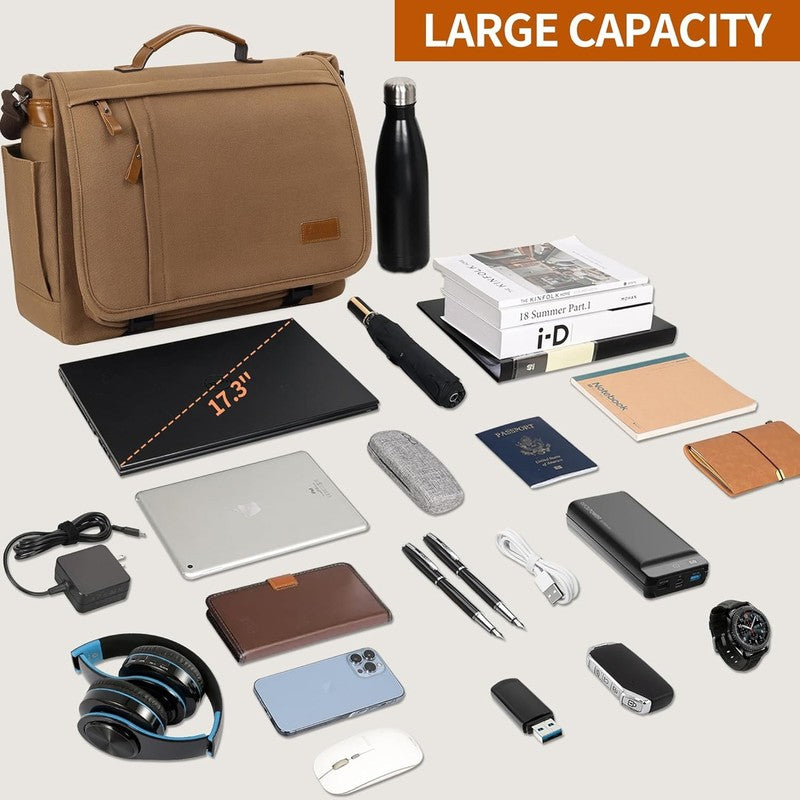 Mens Messenger Bag 17 17.3" Laptop Canvas Water Resistant Work Brown3