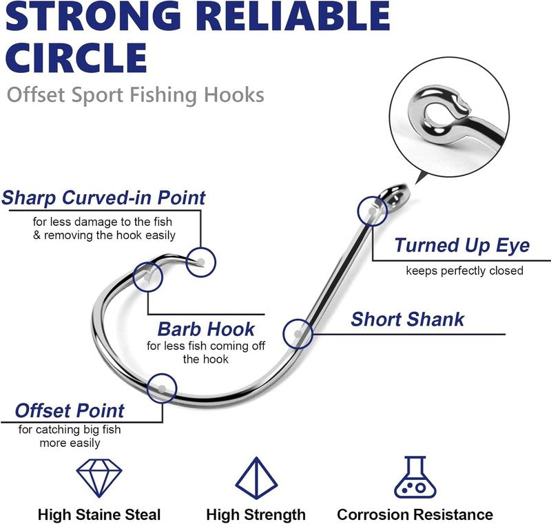 Strong Offset Circle Hooks for Saltwater Fishing - 150/240 Pcs, Various Sizes1