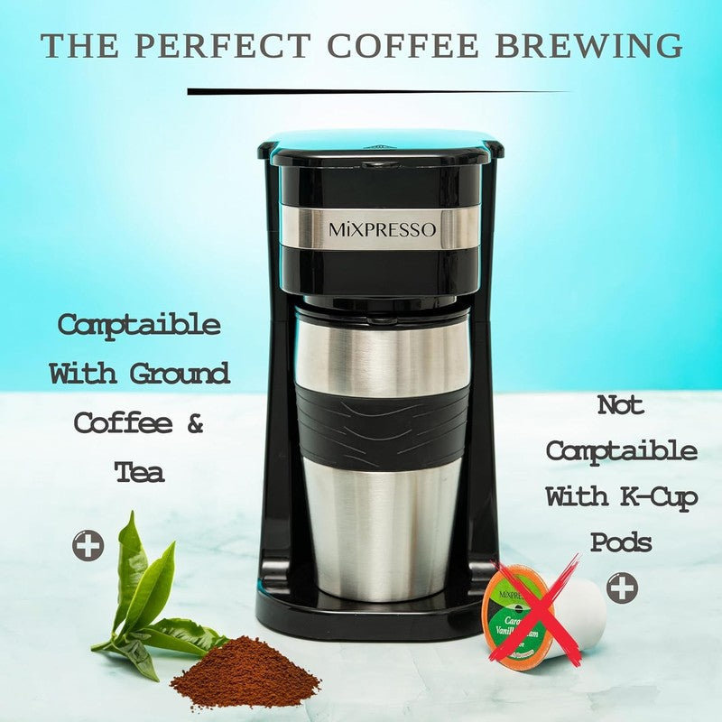 Compact Black Single Serve Coffee Maker with 14Oz Travel Mug & Auto Shut Off3