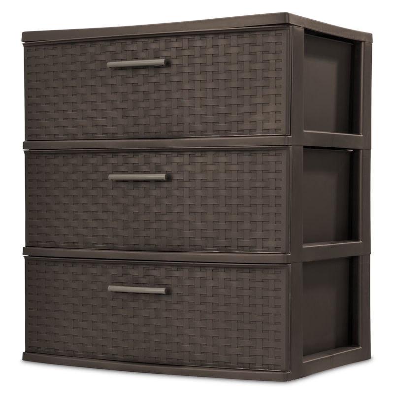 3 Drawer Wide Weave Tower, Plastic Décor Drawers with Pull Handles, Brown9