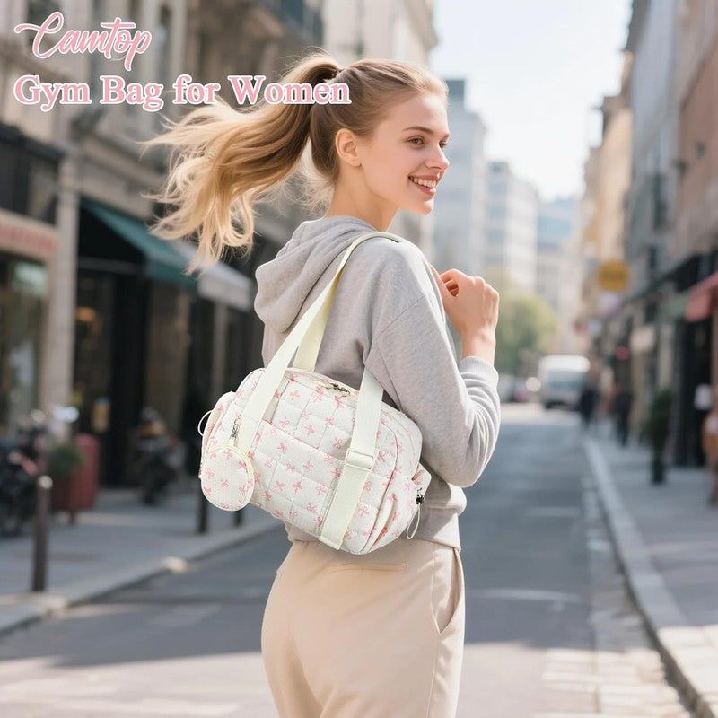 Mini Gym Bag Women Quilted Duffel Wet Compartment Coin Purse Beige Pink Bow7