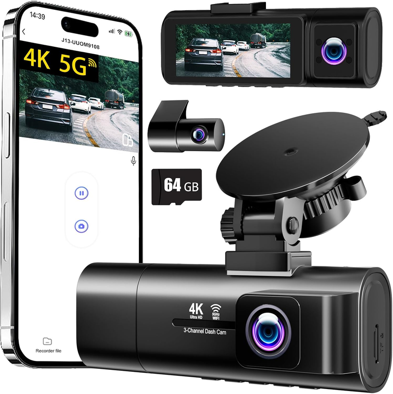 3-Channel 4K+1080P Dash Cam Front Rear Inside w/ WiFi 64GB Card Night Vision7