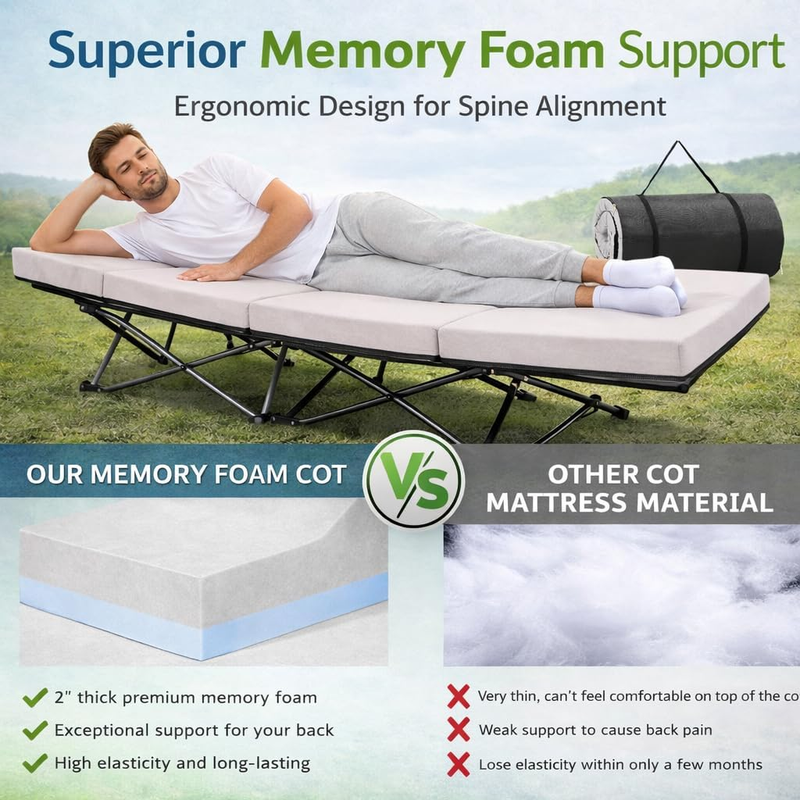 XXL Camping Cot 900LBS w/ 2" Memory Foam Mattress Heavy Duty 1200D OxfordWide2