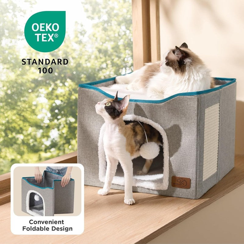 Large Foldable Cat House with Scratch Pad & Hanging Ball, 16.5"x16.5"x13", Grey2
