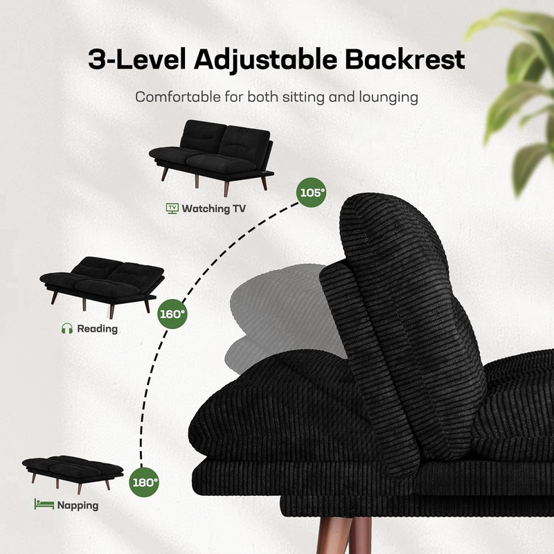 66in Futon Sofa Bed Convertible Corduroy Sleeper Loveseat Adjustable Black Apart2