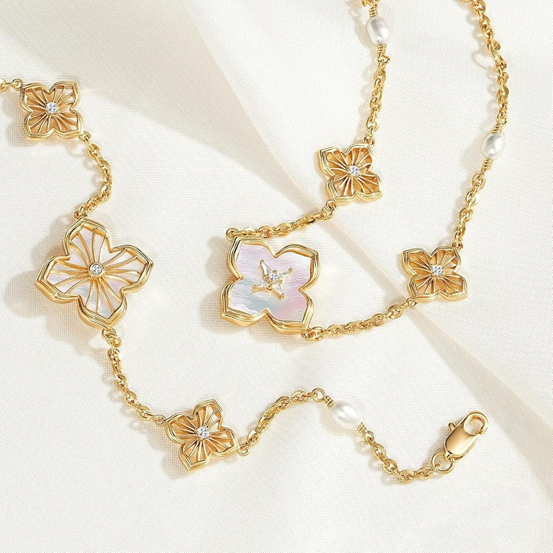 14K Gold Plated Pearl Clover Bracelet Women 2-Sided Flower Charm3