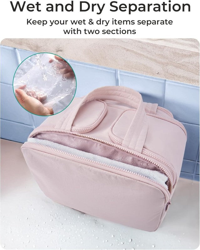 Travel Toiletry Bag Large Wide-Open Puffy Cosmetic Organizer for Women Pink4