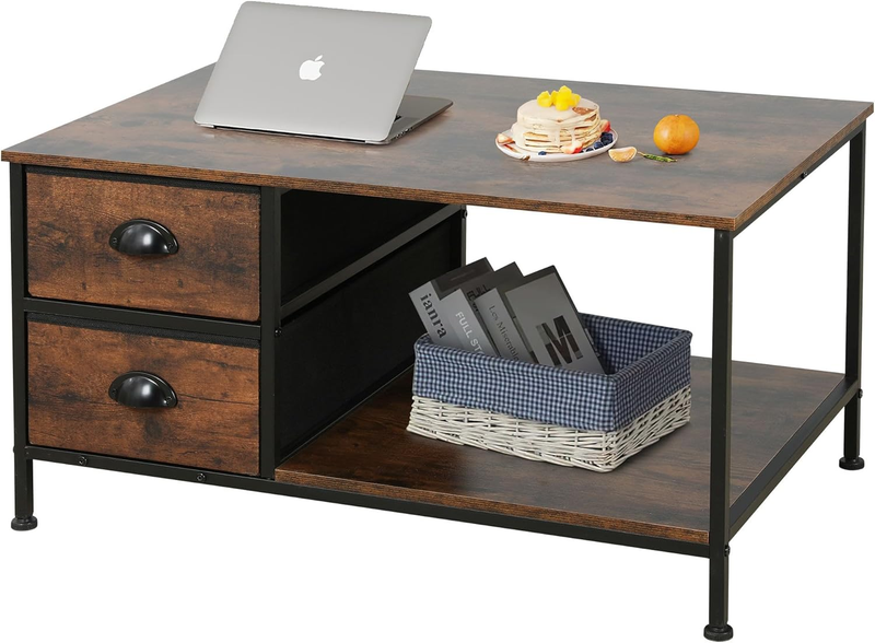 2 Tier Brown Coffee Table with Drawers, Wood & Metal, Living Room Table0