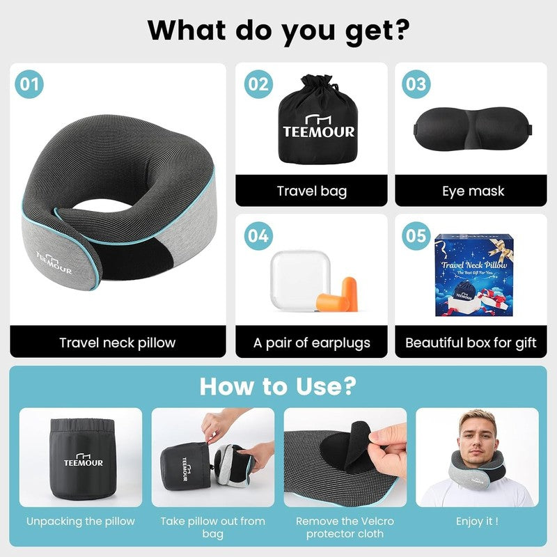 Upgraded Memory Foam Travel Neck Pillow w/ Eye Mask, Earplugs & Bag – Airplane8